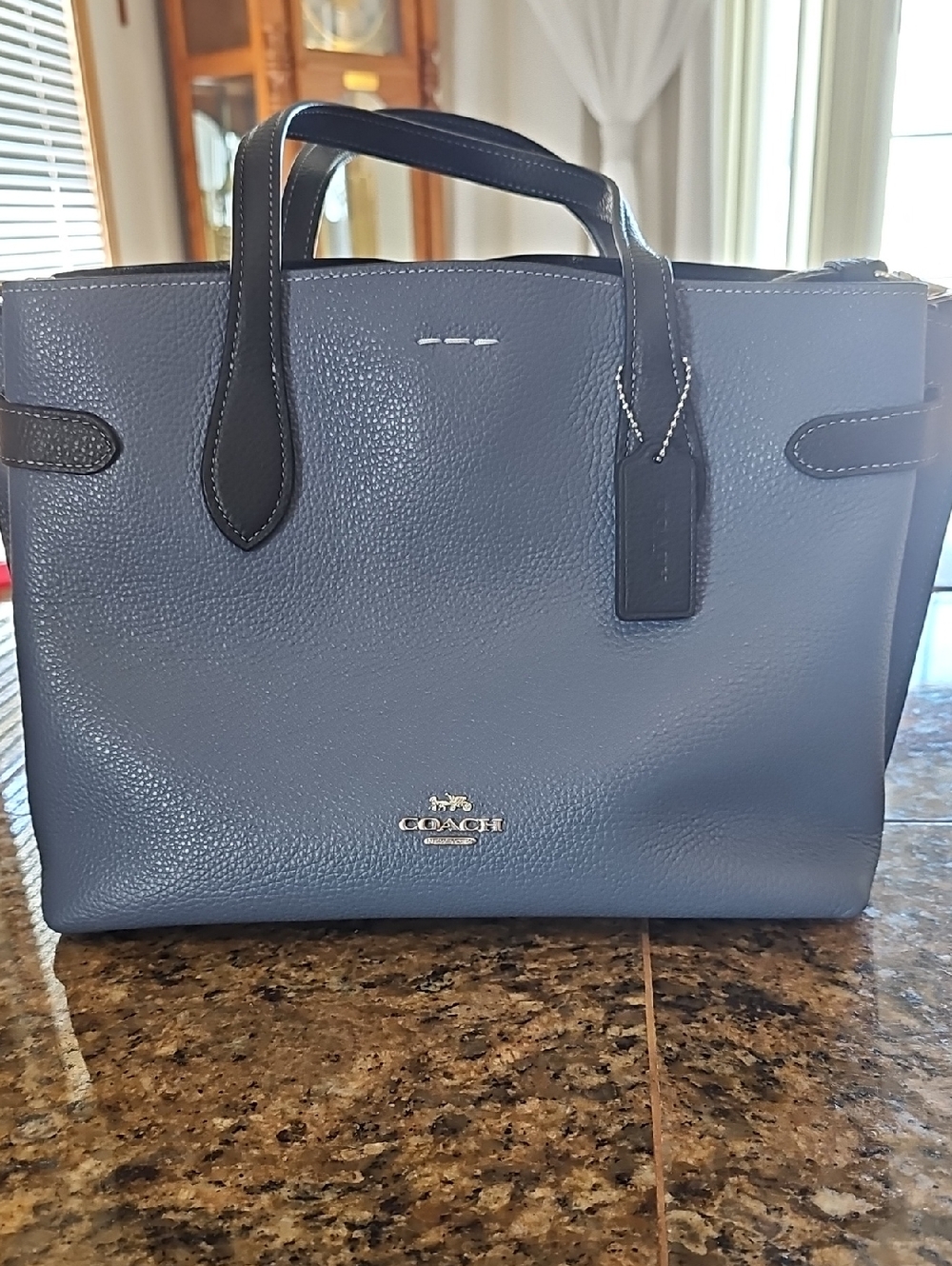 Coach Hanna Pebbled Leather Tote in Chambray Blue with Navy Trim